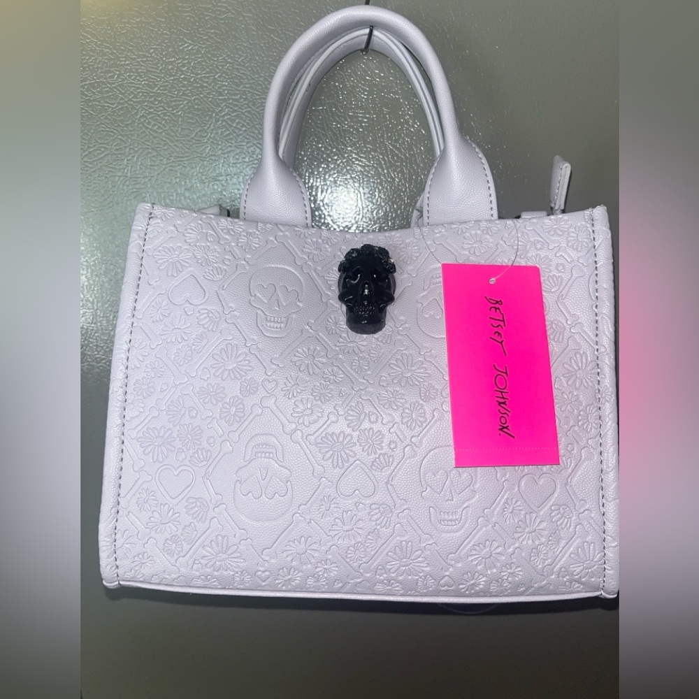 NEW Betsey Johnson Satchel Tote Lilac Skulls Flowers Bones XOX Rare Original